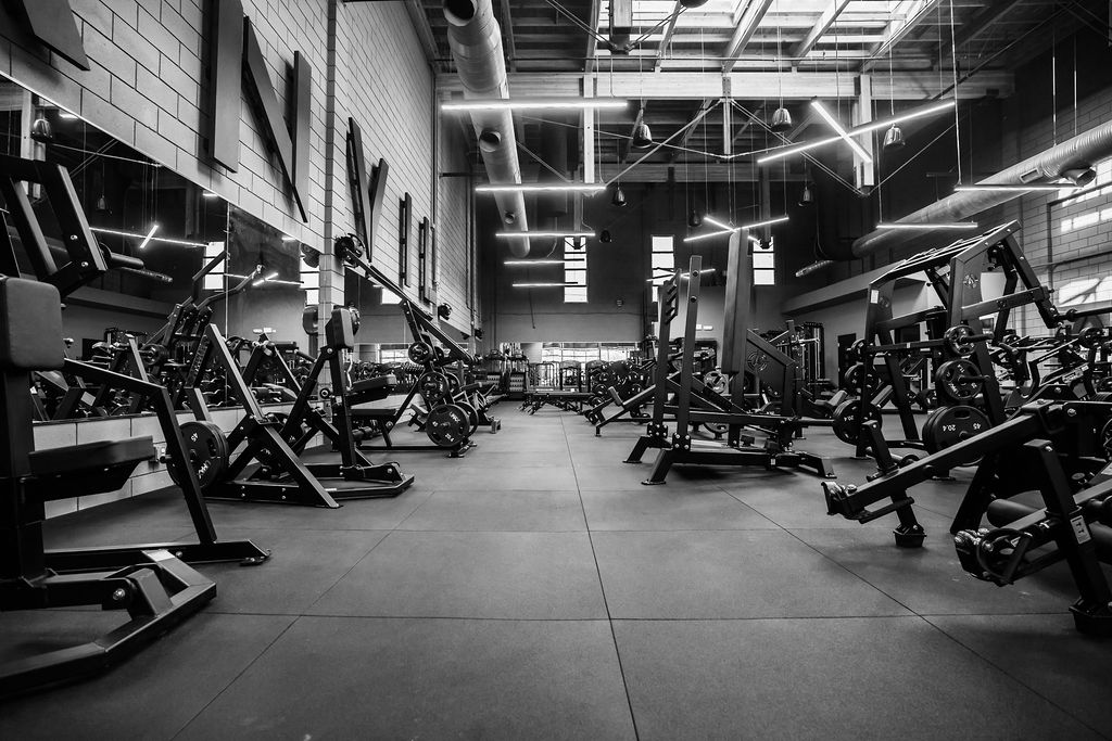 Long view of the Arsenal Strength floor between rows of plate-loaded machines